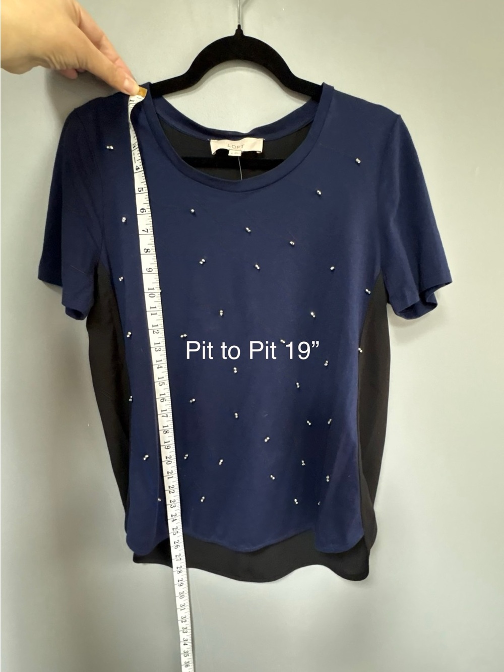 LOFT Navy Beaded Gem Short-Sleeve Women's Top Size M Black Sheer Back NWT - Picture 6 of 6